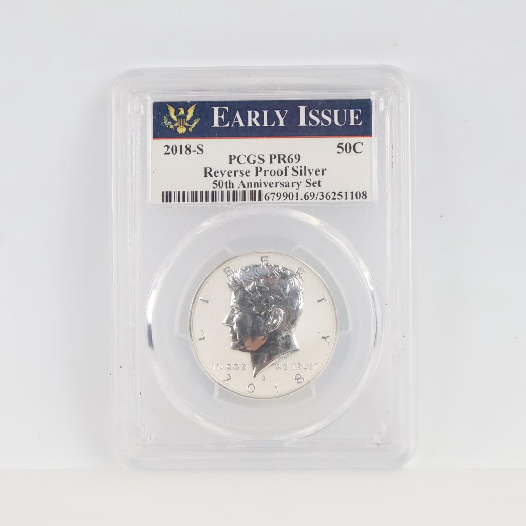 2018-S PR69 Kennedy Reverse Proof Silver Half Dollar PCGS Graded, Early Issue