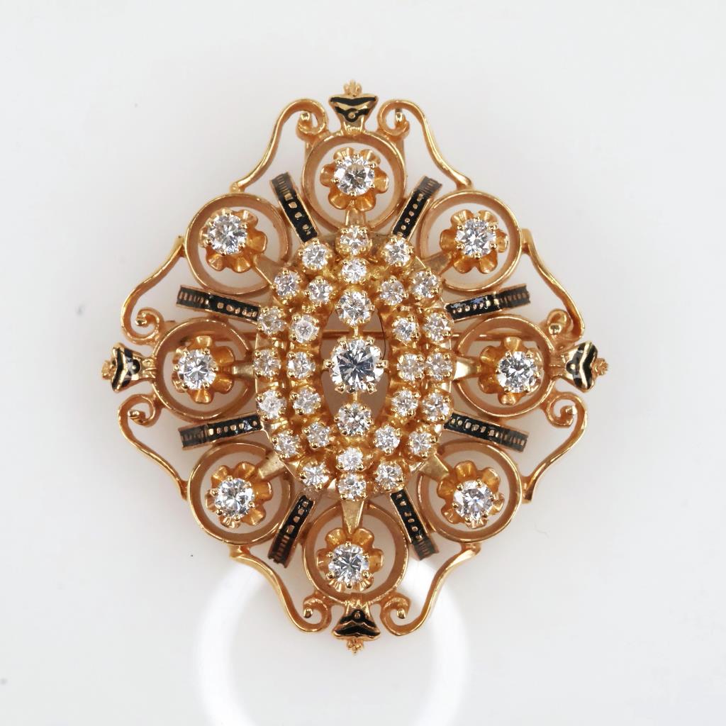 2.13cts TW Diamond 14kt Gold Black Enamel Vintage Brooch- Evaluated By Certified Gemologist-AGS/GIA