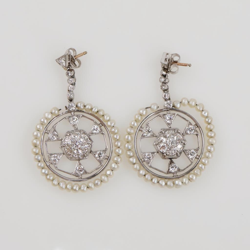 2.14ctTW Diamond Pearl 14kt White Gold Circle Drop Earrings-Evaluated By Certified Gemologist-AGSGIA