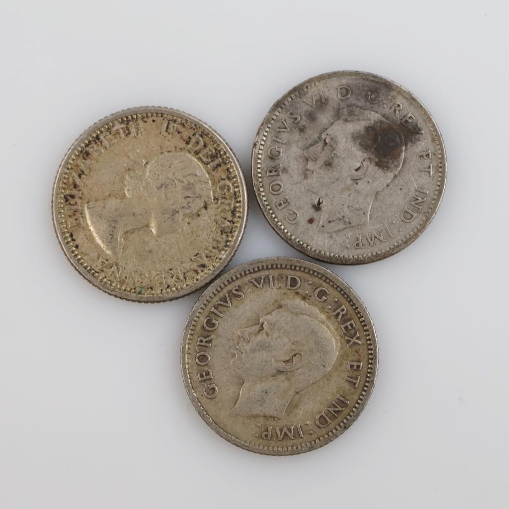 3 Canadian Silver 10 Cent Pieces