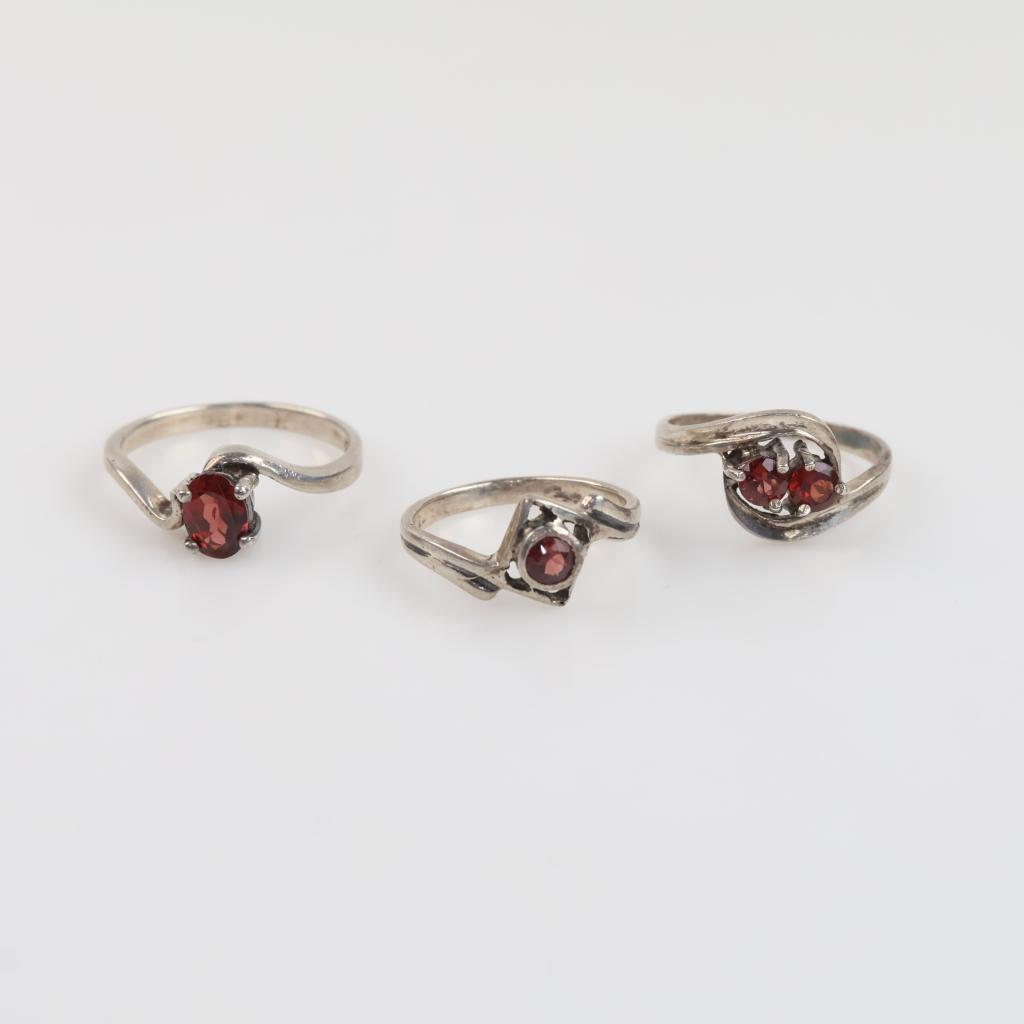 3 Sterling Silver Red Stone Rings