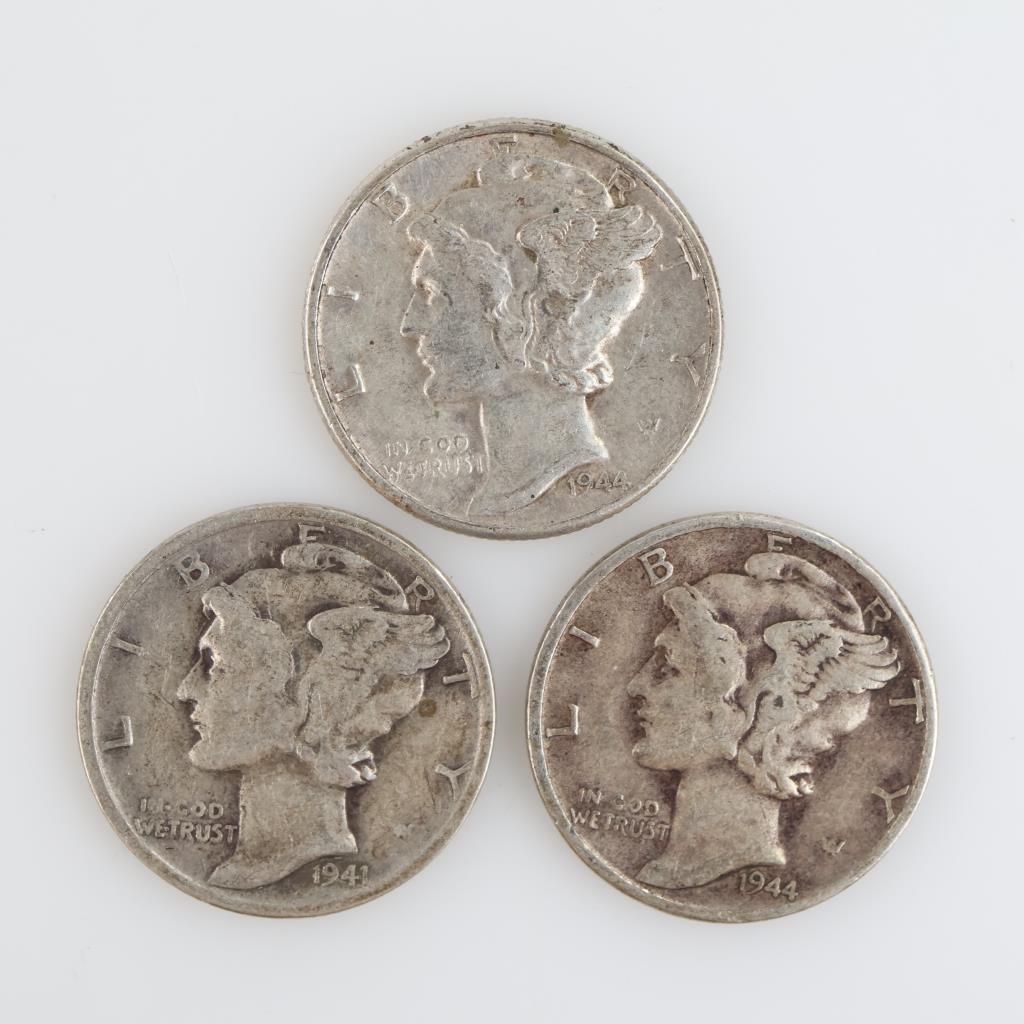3 US Mercury Silver Dimes