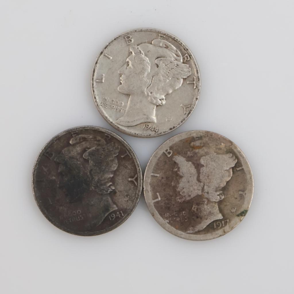 3 US Mercury Silver Dimes