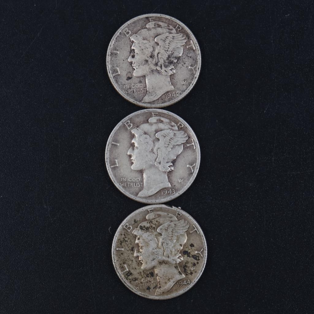 3 US Mercury Silver Dimes