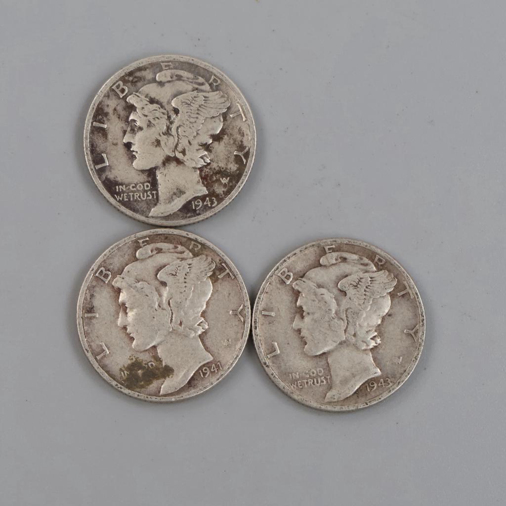 3 US Mercury Silver Dimes