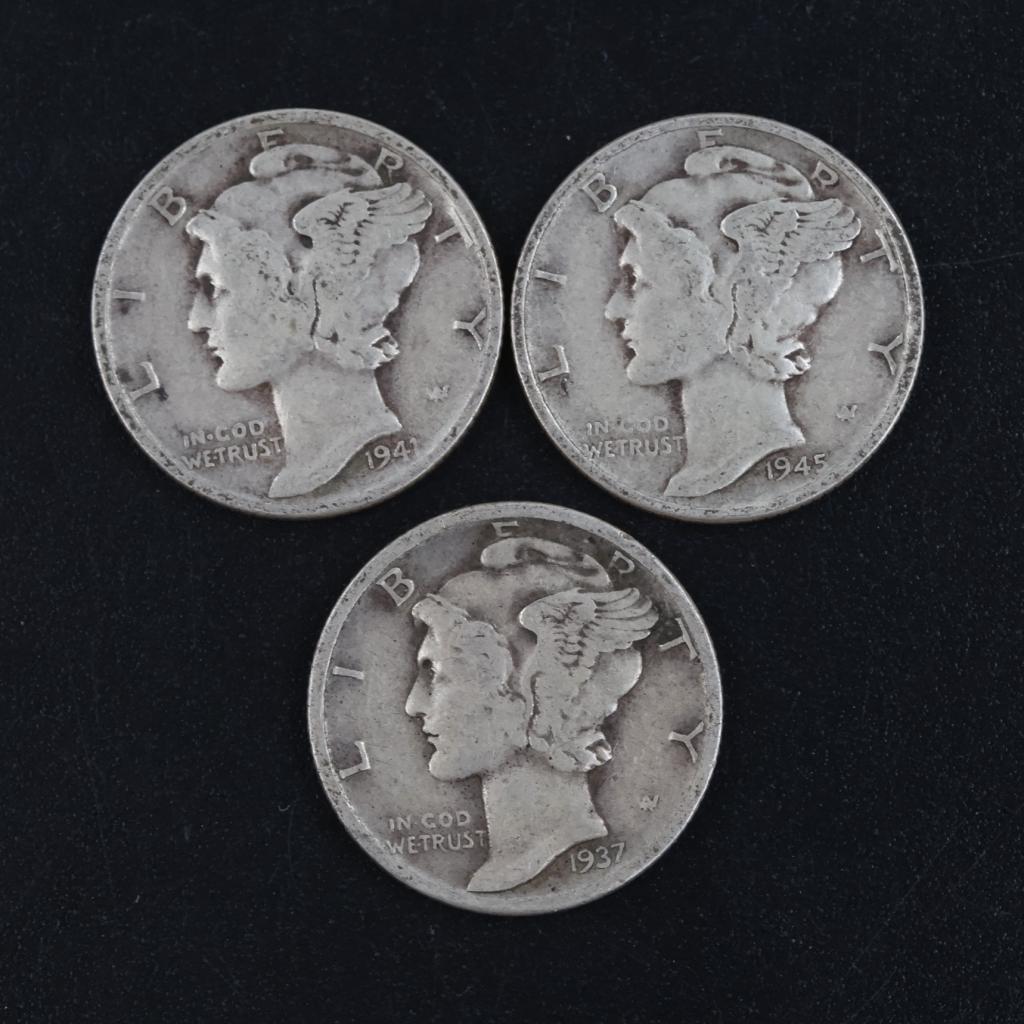 3 US Mercury Silver Dimes