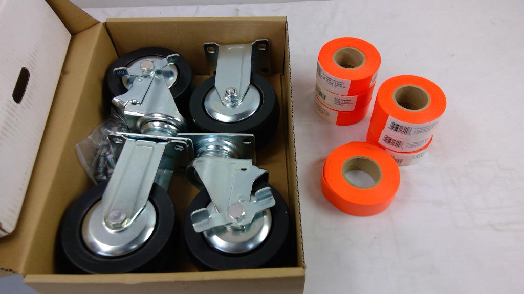 4 Pcs Rolling Caster Wheels, Orange Flagging Tape 7 Rolls