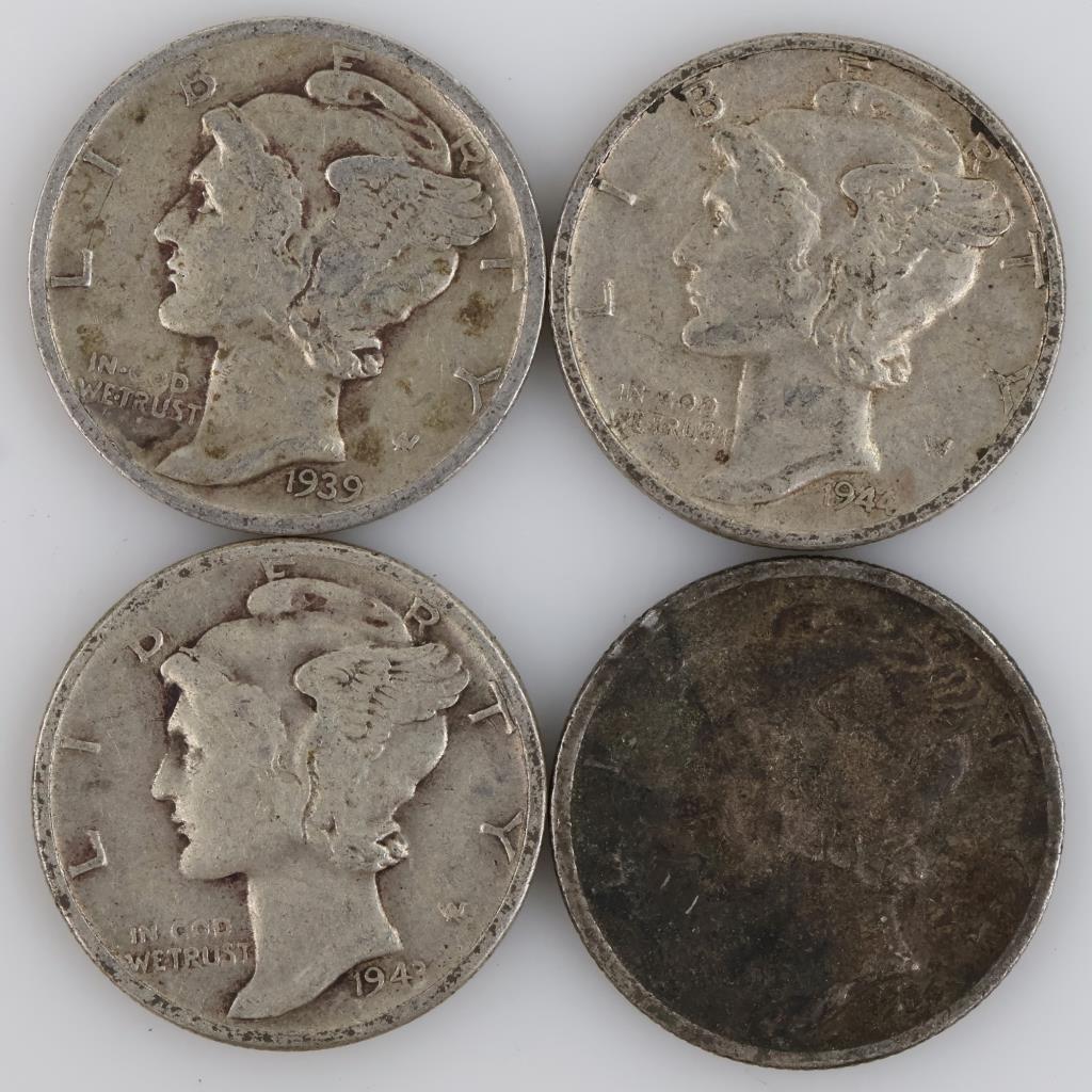 4 US Mercury Silver Dimes