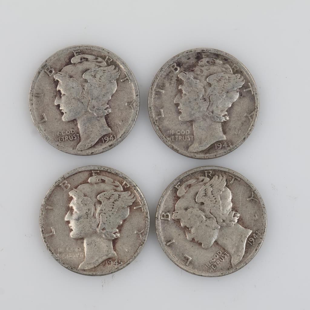 4 US Mercury Silver Dimes