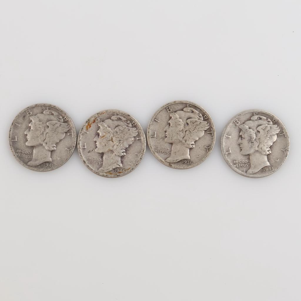 4 US Mercury Silver Dimes