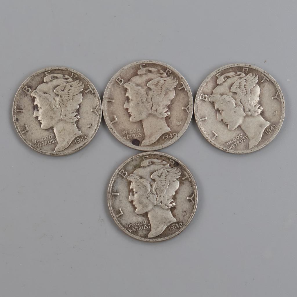 4 US Mercury Silver Dimes