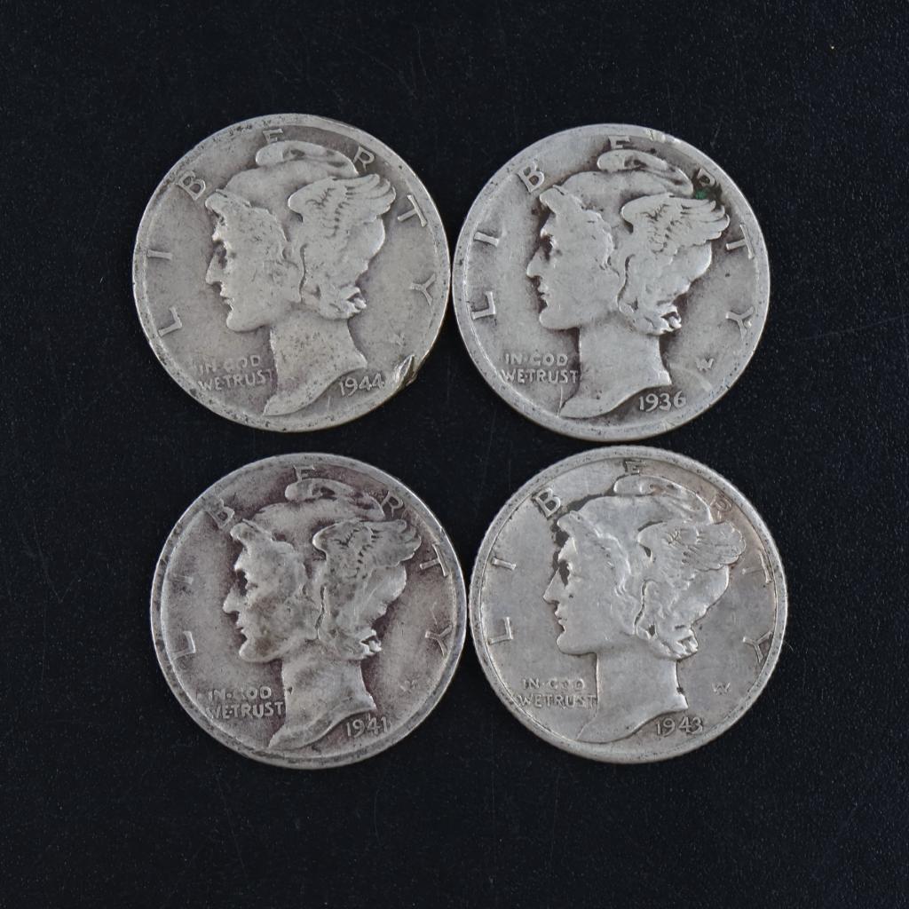 4 US Mercury Silver Dimes