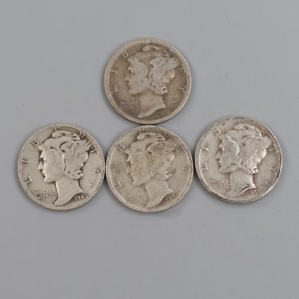 4 US Mercury Silver Dimes