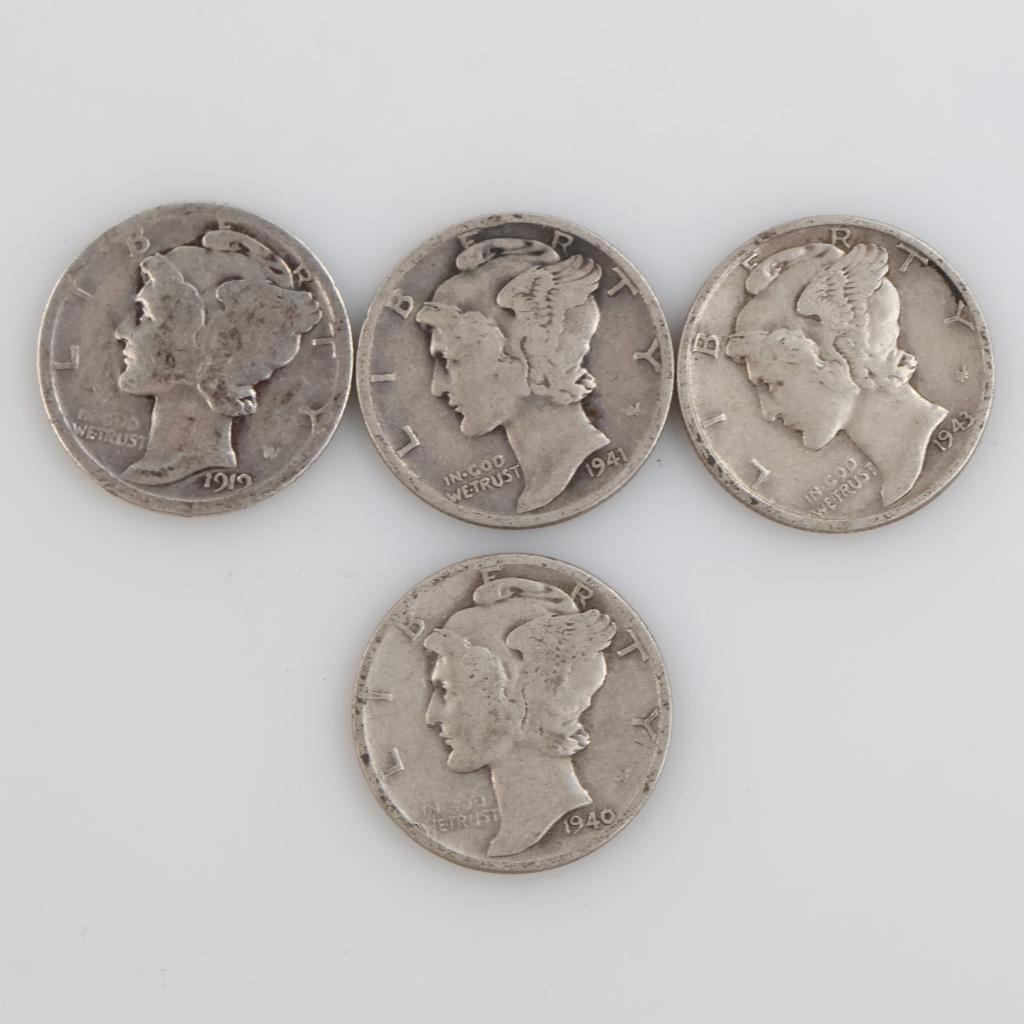 4 US Mercury Silver Dimes