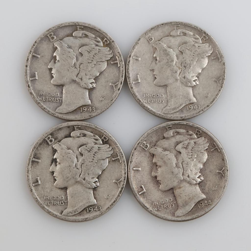 4 US Mercury Silver Dimes