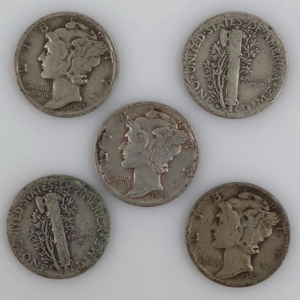 5 Silver Mercury Dimes