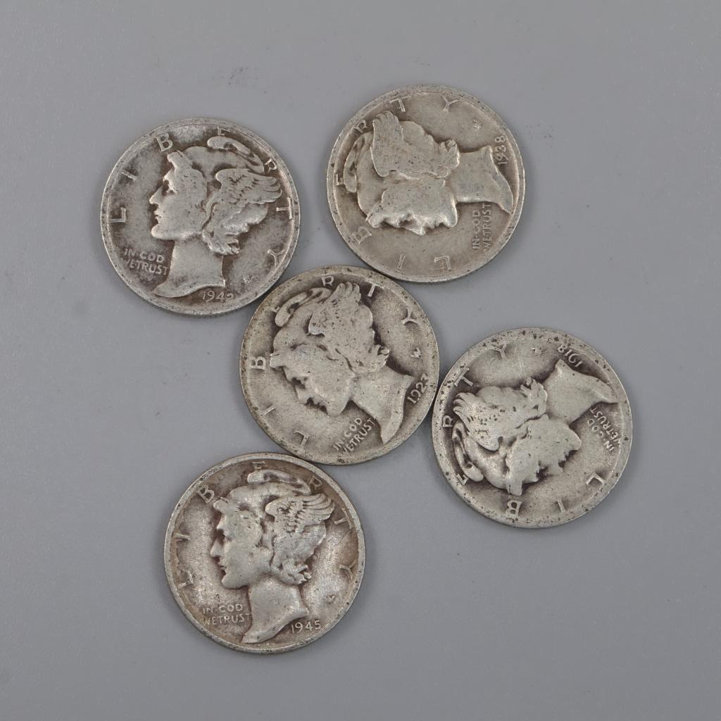 5 US Mercury Silver Dimes