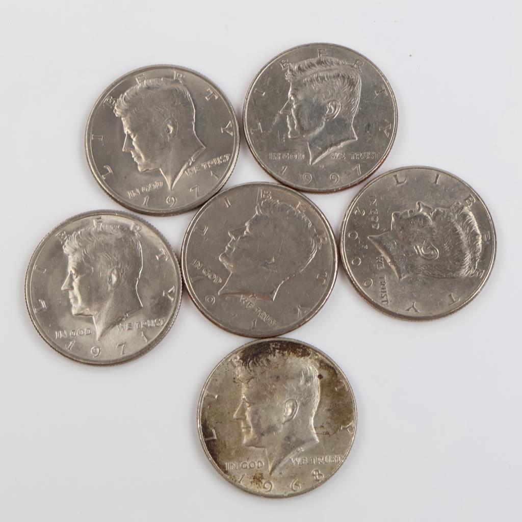 6 US Kennedy Half Dollars, Including Silver Clad