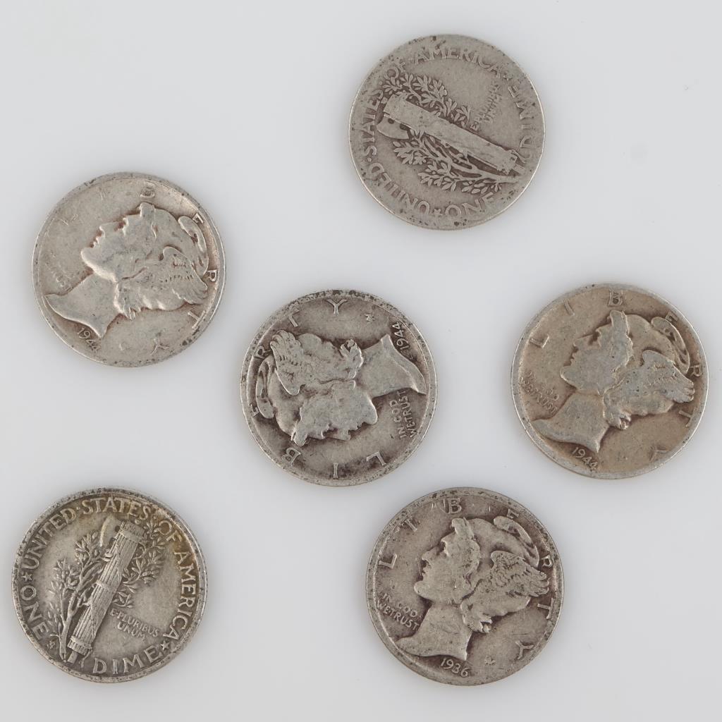 6 US Mercury Silver Dimes