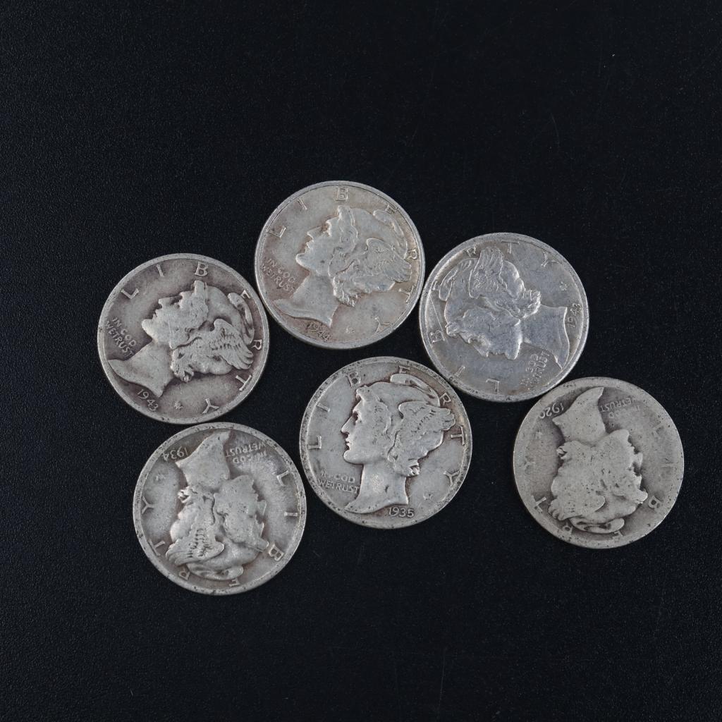 6 US SIlver Mercury Dimes