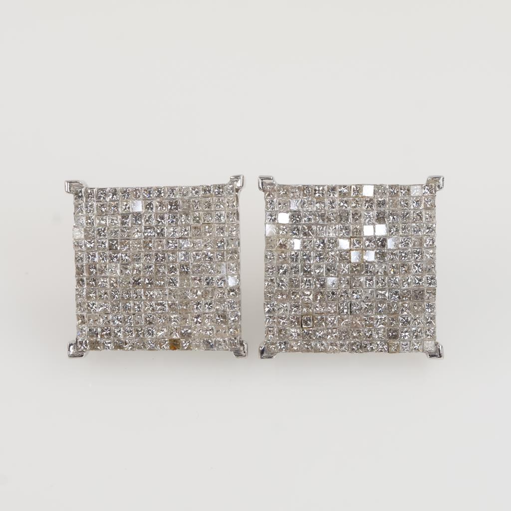 7.26cts TW Diamond 10kt White Gold Square Earrings-Evaluated By Our Certified Gemologist-AGS/GIA