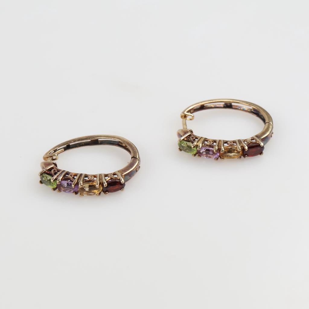 .800 Silver And GP Multicolored Stone Hoop Earrings