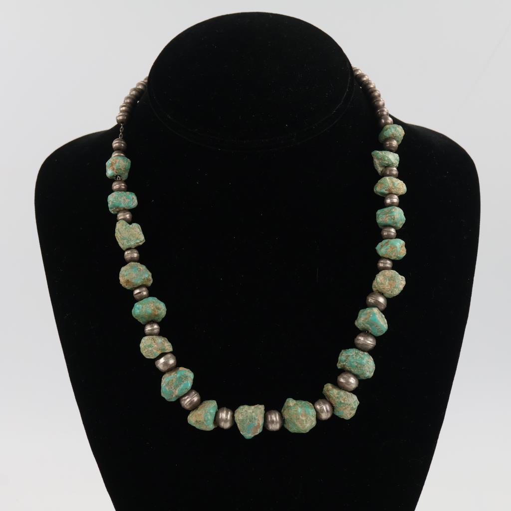 .800 Silver Pearl Beads And Turquoise Necklace