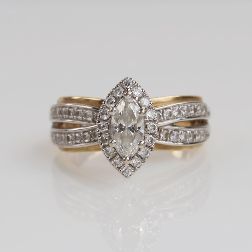 .81ctTW Diamond 14kt Two Tone Gold Split Shank Halo Ring -Evaluated By Certified Gemologist-AGS/GIA