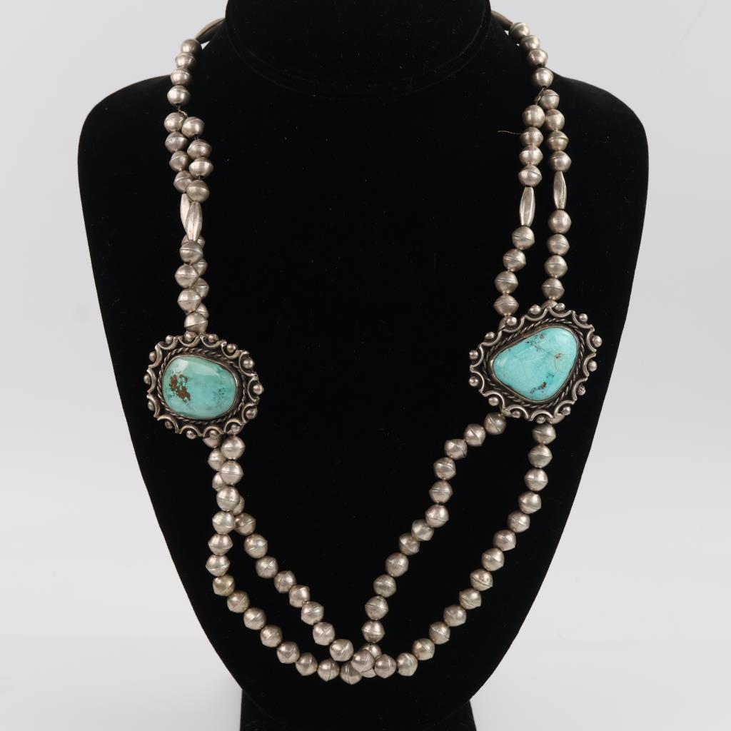 .900 Silver Pearls And Turquoise Necklace