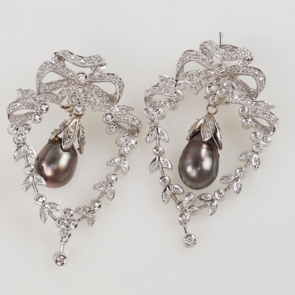 .92ctTW Diamond Pearl 14kt White Gold Wreath Drop Earrings-Evaluated By Certified Gemologist-AGS/GIA
