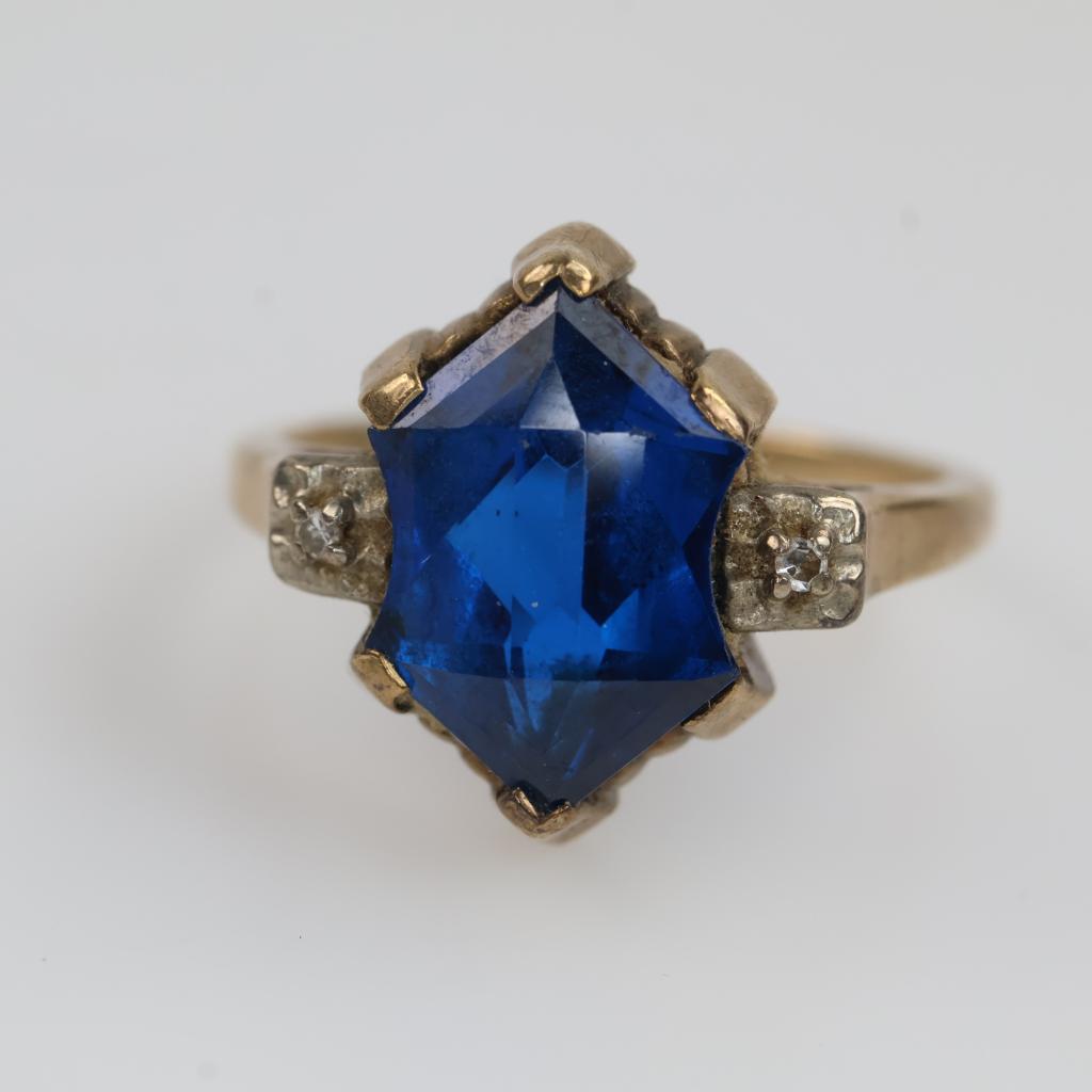 9kt Gold Diamond And Blue Stone Ring