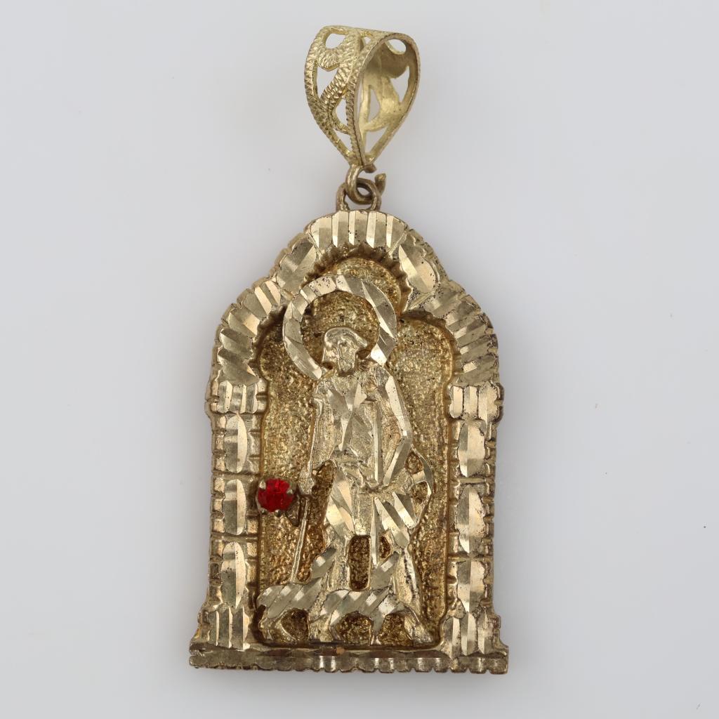 9kt Gold Red Stone Accent Semi-Hollow Religious Pendant