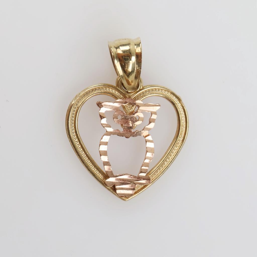 9kt Gold Two-tone Owl Heart Pendant