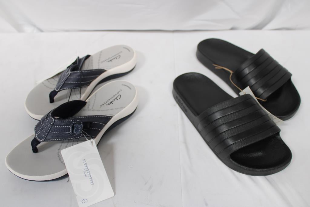 Adidas Adilette Aqua Slides, And Clarks Cloudsteppers Flip-Flops, Women's Size 6, 2 Pieces