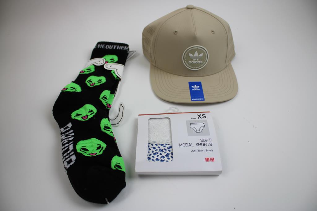 Adidas Beige Hat, Ed Hardy, Rip N' Dip, Happy Socks, And More Clothing Lot, 6 Pieces
