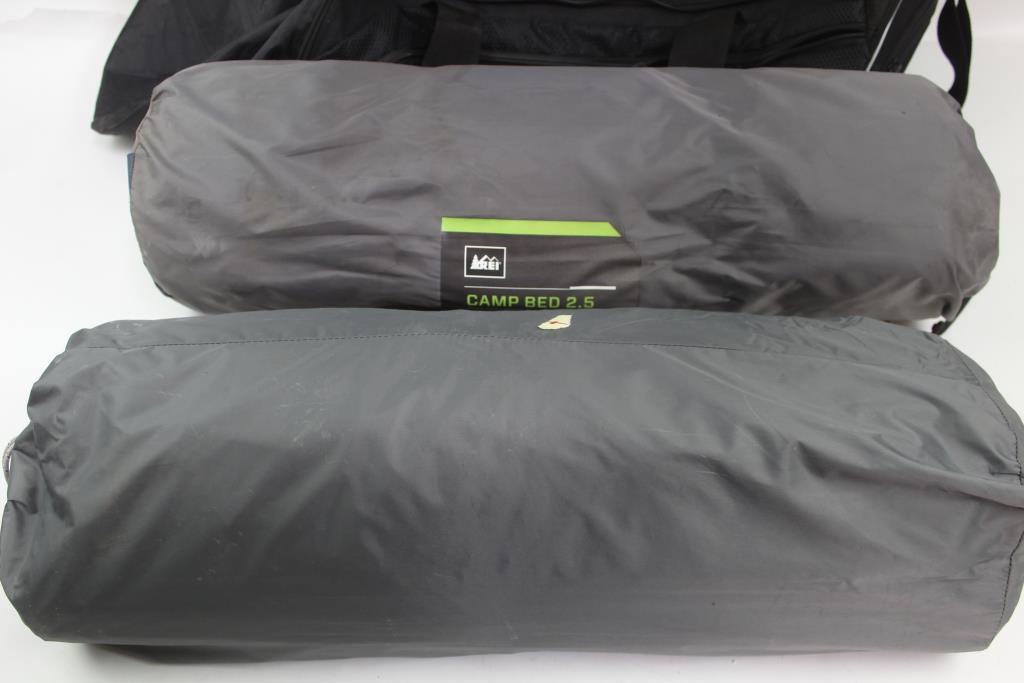Adidas Duffle Bag, REI Camping Stools, REI Camp Bed 2.5 Inflating Sleep