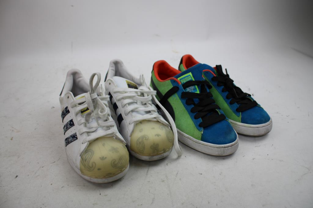 Adidas Men's 6.5 Sneakers, Puma Youth 7 Shoes, Nike 1.5Y Sneakers, Nike Bag, 4 Pieces