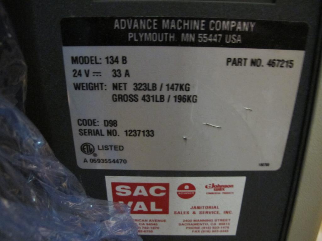 Advance Machine Company 134B WalkBehind Floor Sweeper Property Room