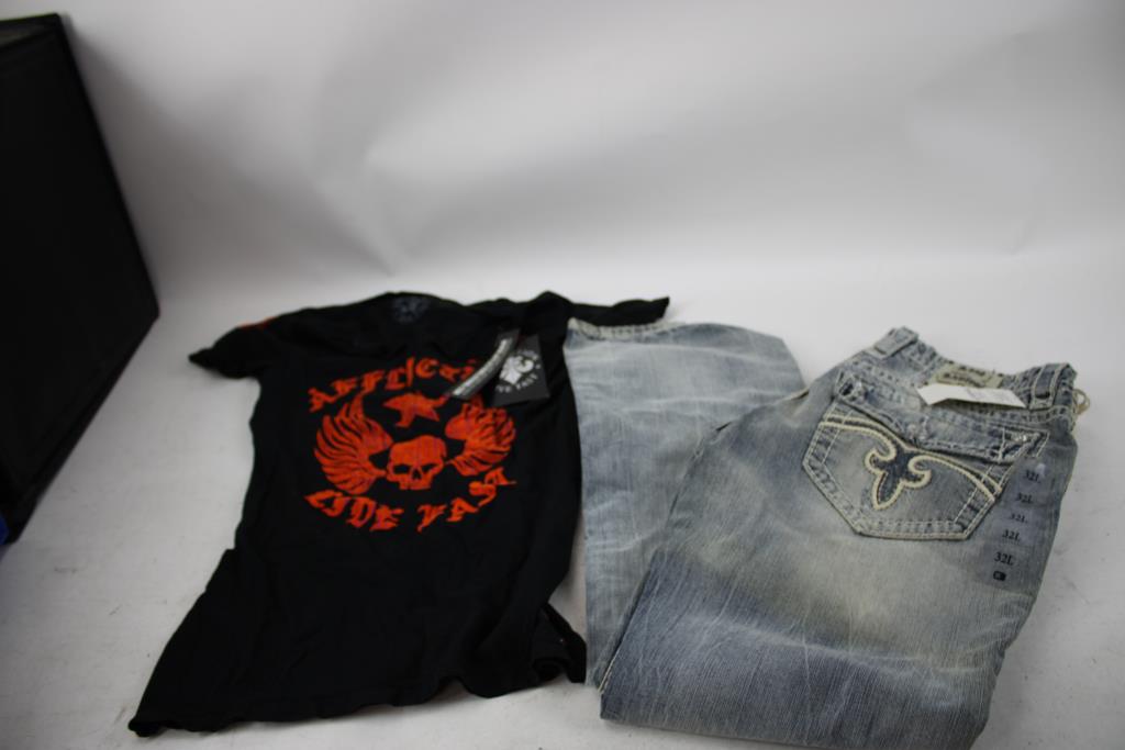 Affliction Live Fast Large Women's Shirt, And Men's Buckle Rock Revival 32Lx34W Jeans