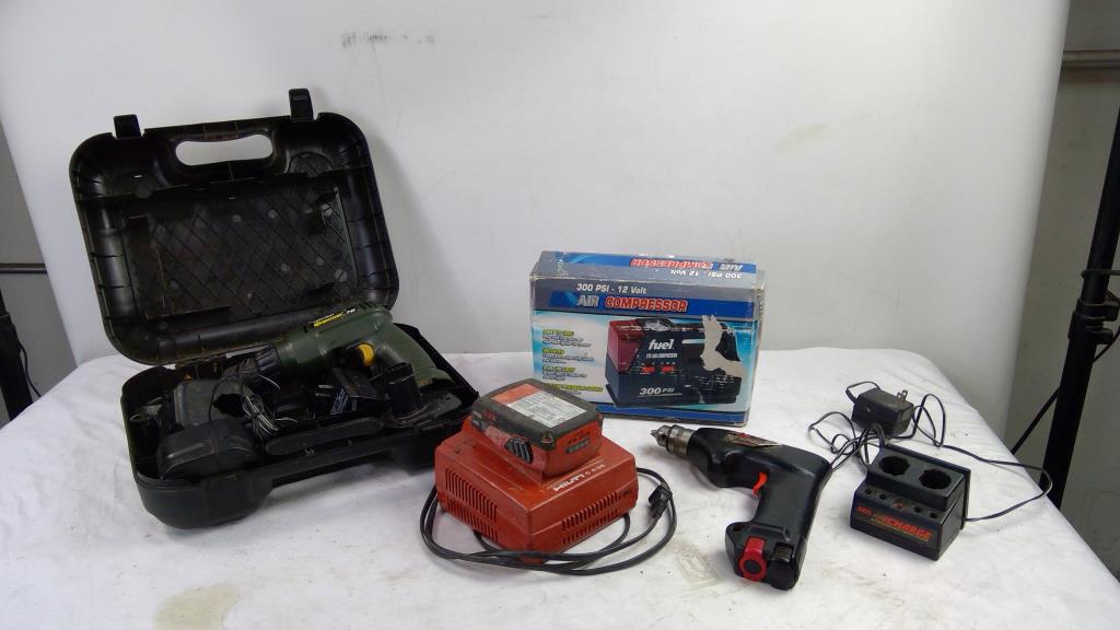 Air Compressor, Cordless Drills, And Hilti Battery And Charger, 4 Pieces