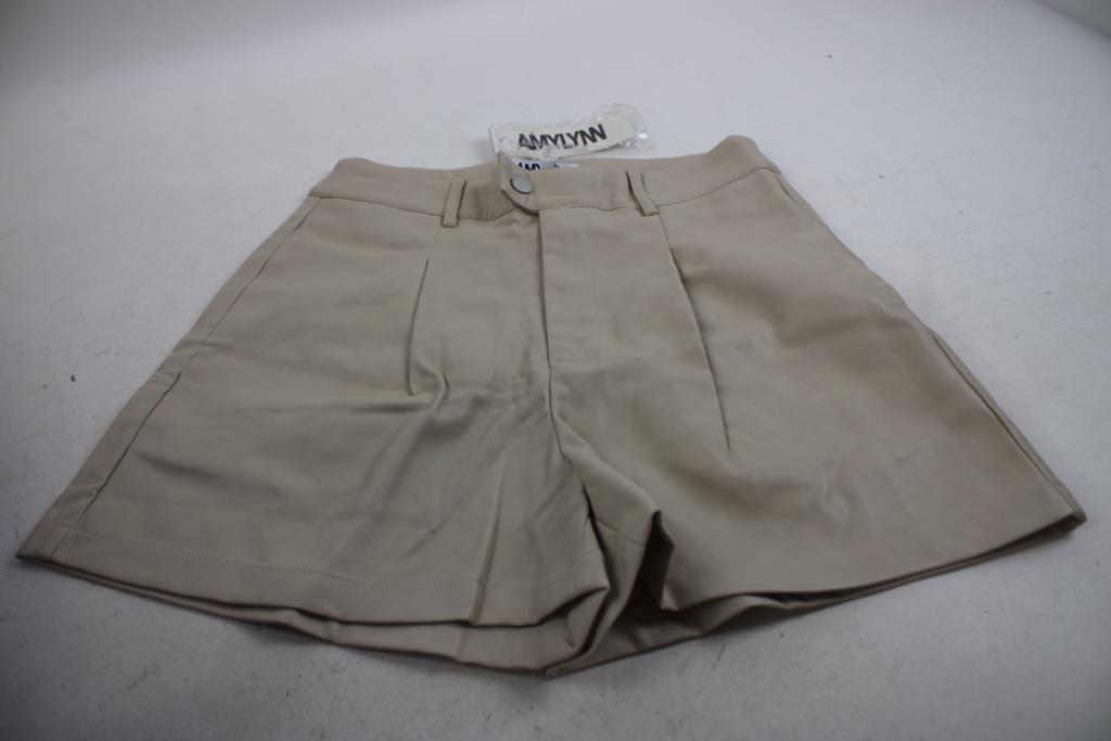 Amylynn Beige Faux Leather High-Waisted Shorts, Small