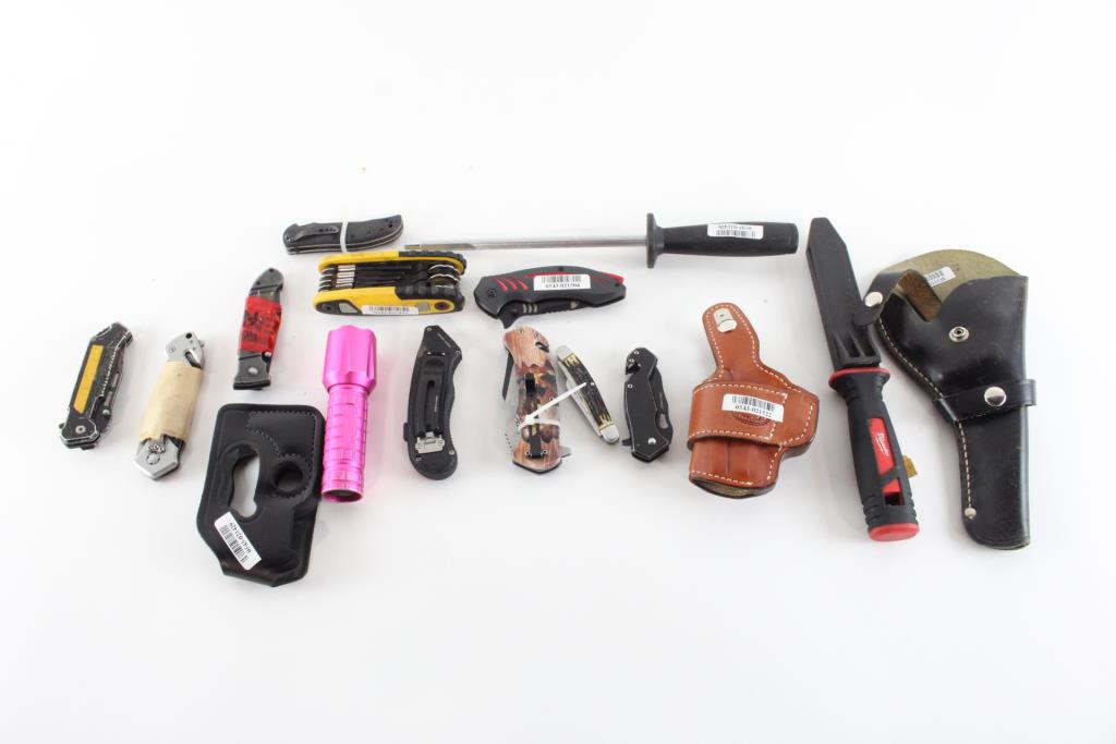 Assorted Knives, Gun Holsters & More, 10+ Pieces Property Room