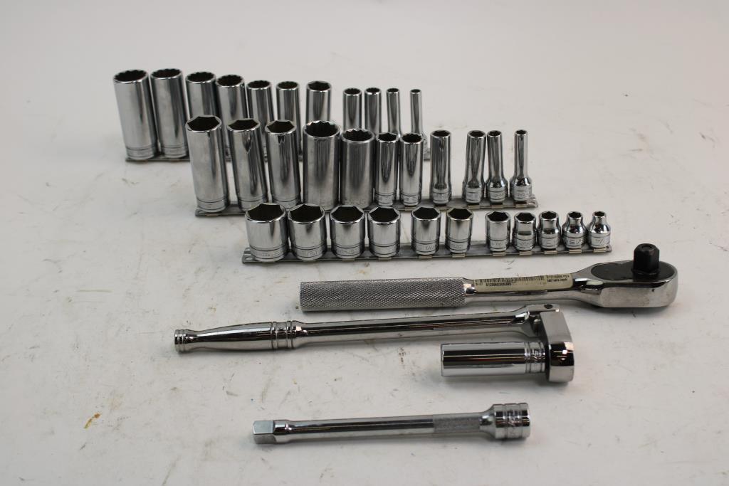 Assorted Sockets, Buck 119 Fixed Blade Knife W/sheath, & More; 10