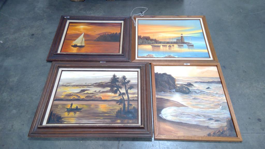 Beach, Shoreline Scenes Framed Paintings Lot, 4 Pieces