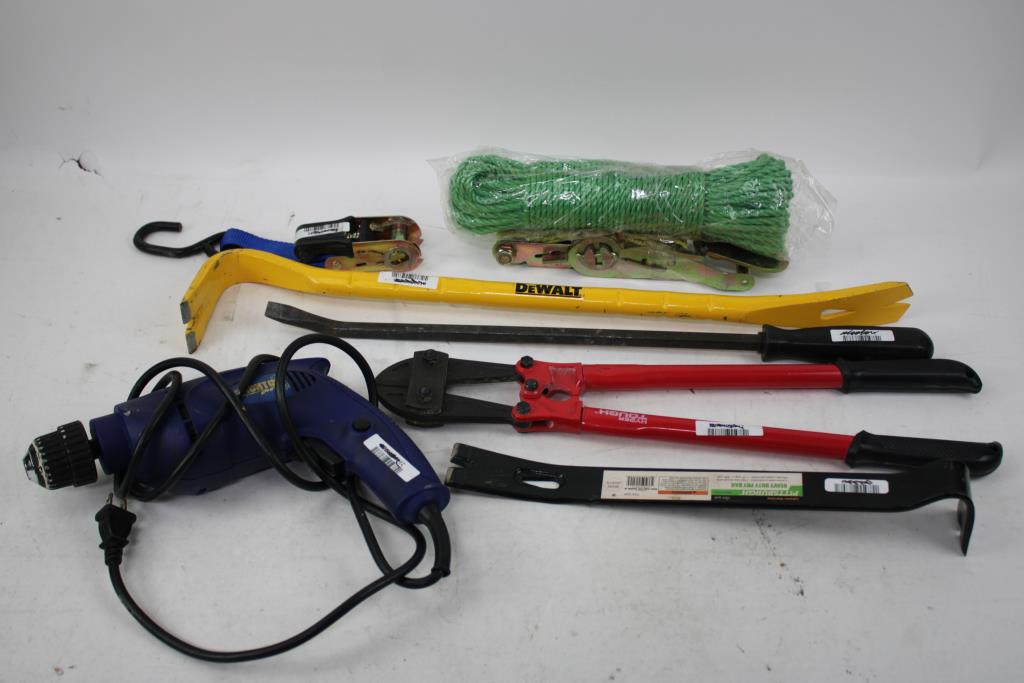Benchtop Corded Drill, Hyper Tough Bolt Cutters, Dewalt Pry Bar, And More, 7 Pieces