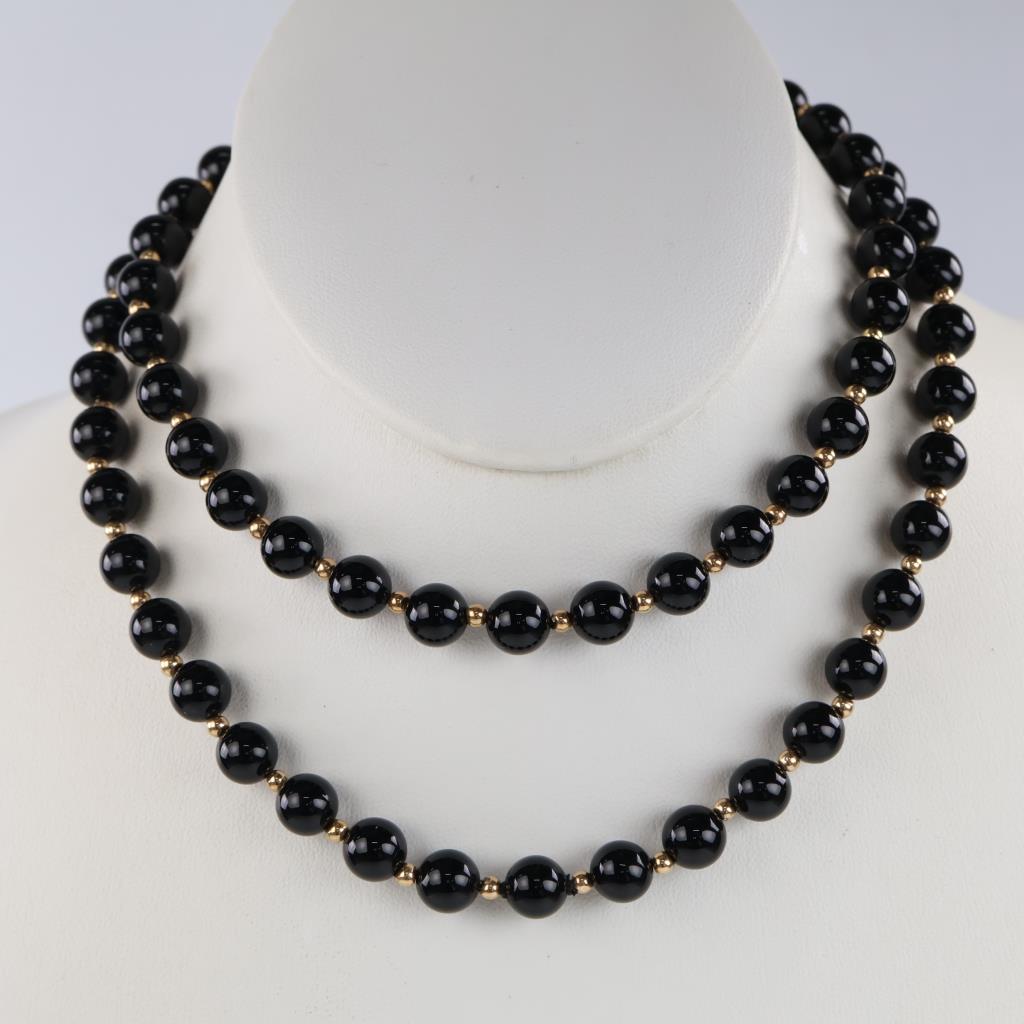 Black Bead 14kt Gold Hollow Bead Accent Necklace