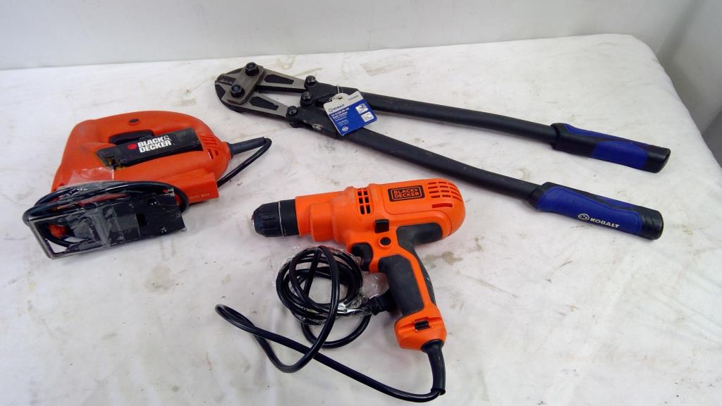 Black + Decker 3/8" Drill/Driver, 3/4" Jig Saw, And Kobalt 24" Bolt Cutters, 3 Pieces