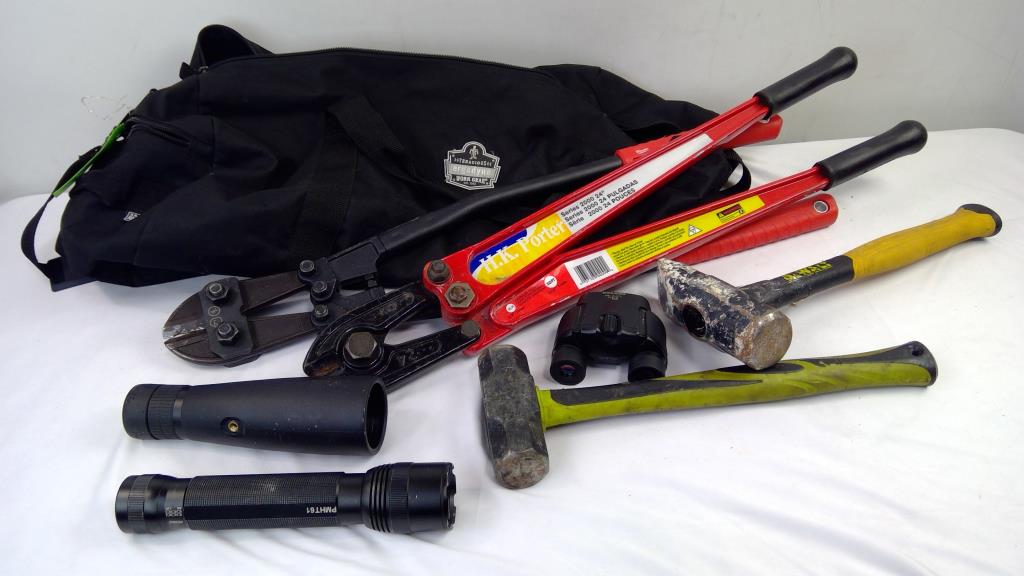 Black Duffle Bag W/Misc Tools, Flashlight, Binoculars,  Cutters