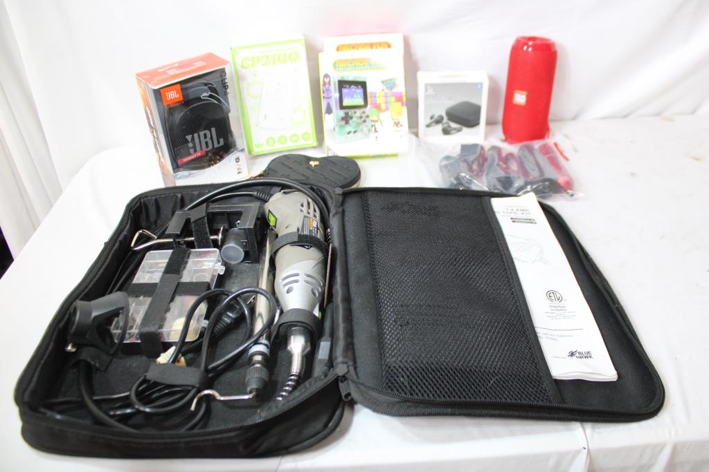 Blue Hawk Rotary Tool, Portable Arcade Gaming Console, Speakers, And More, 9 Pieces
