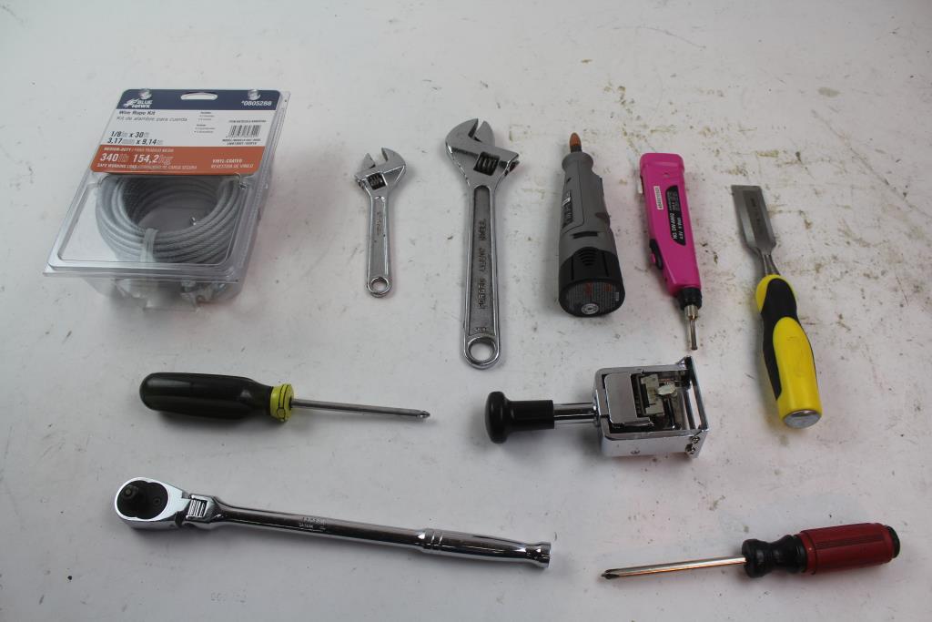 Blue Hawk Wire Rope Kit, Dremel 7300, Ratchet, Crescent Wrench 10